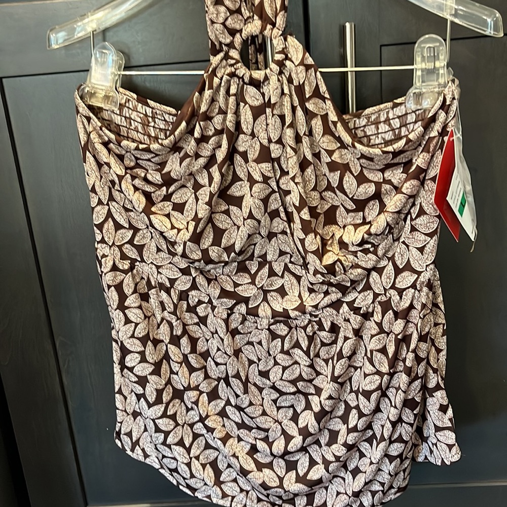 NWT Oscar de la Renta top. Size L Brown and Cream lead design ties around neck - Picture 10 of 15